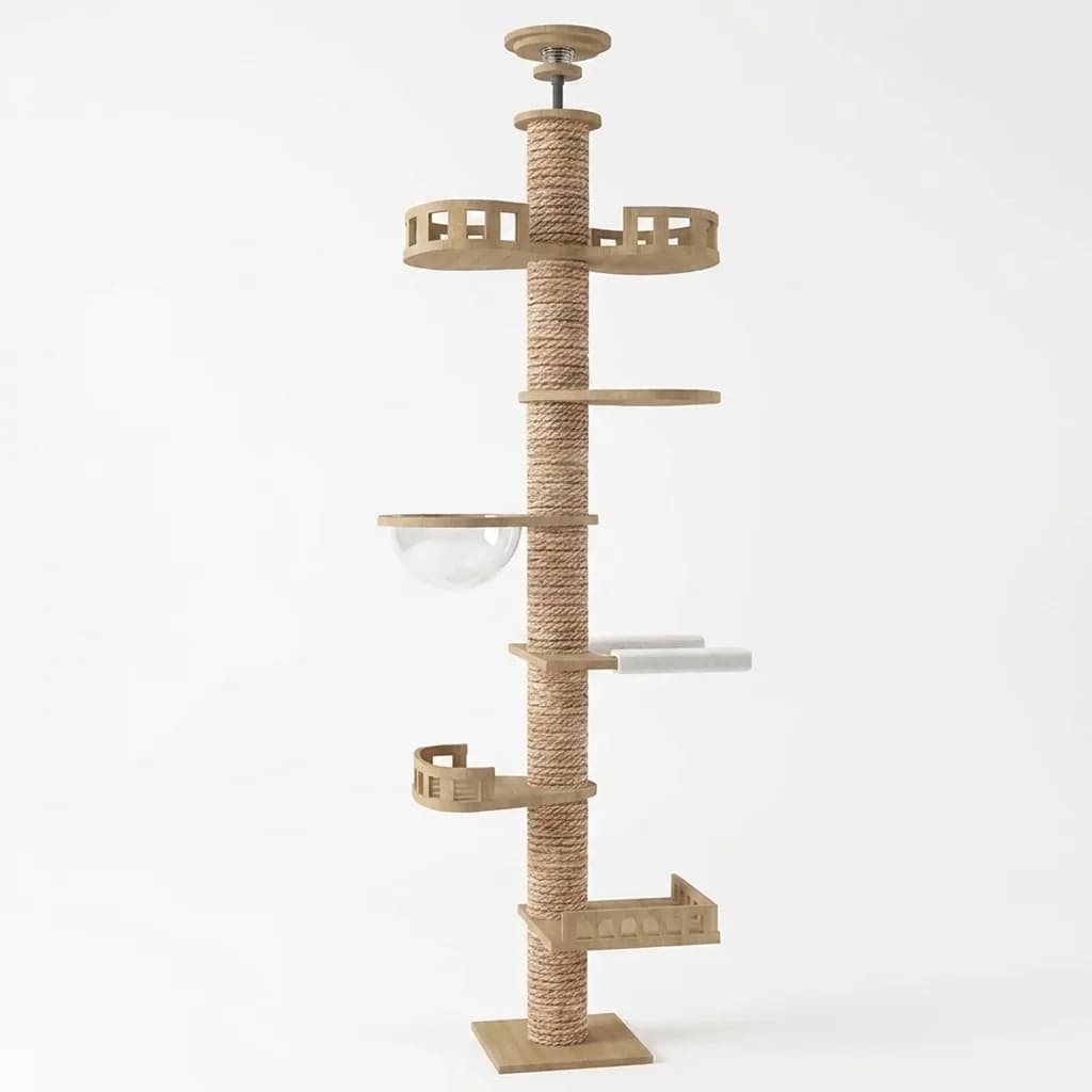 Arbre à chat sol-plafond Astréa, colonne en sisal, plateformes en bois et panier tressé