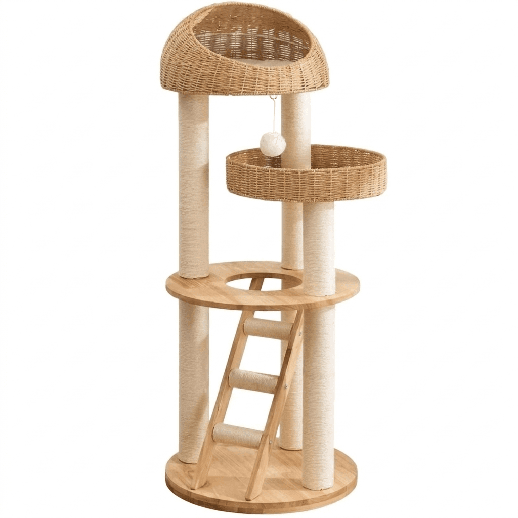 Arbre à Chat Nidia - vue de face, nid perché en osier avec rampe d'accès