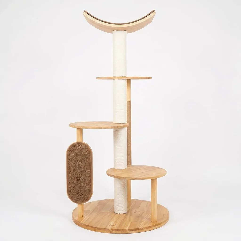 Arbre à chat Odessa en bois clair, colonne blanche, plateaux ronds et perchoir incurvé
