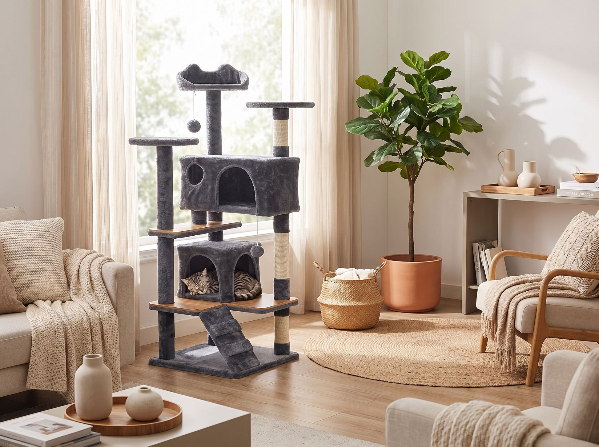 Arbre à chat Nichéo condos dans un salon avec chat