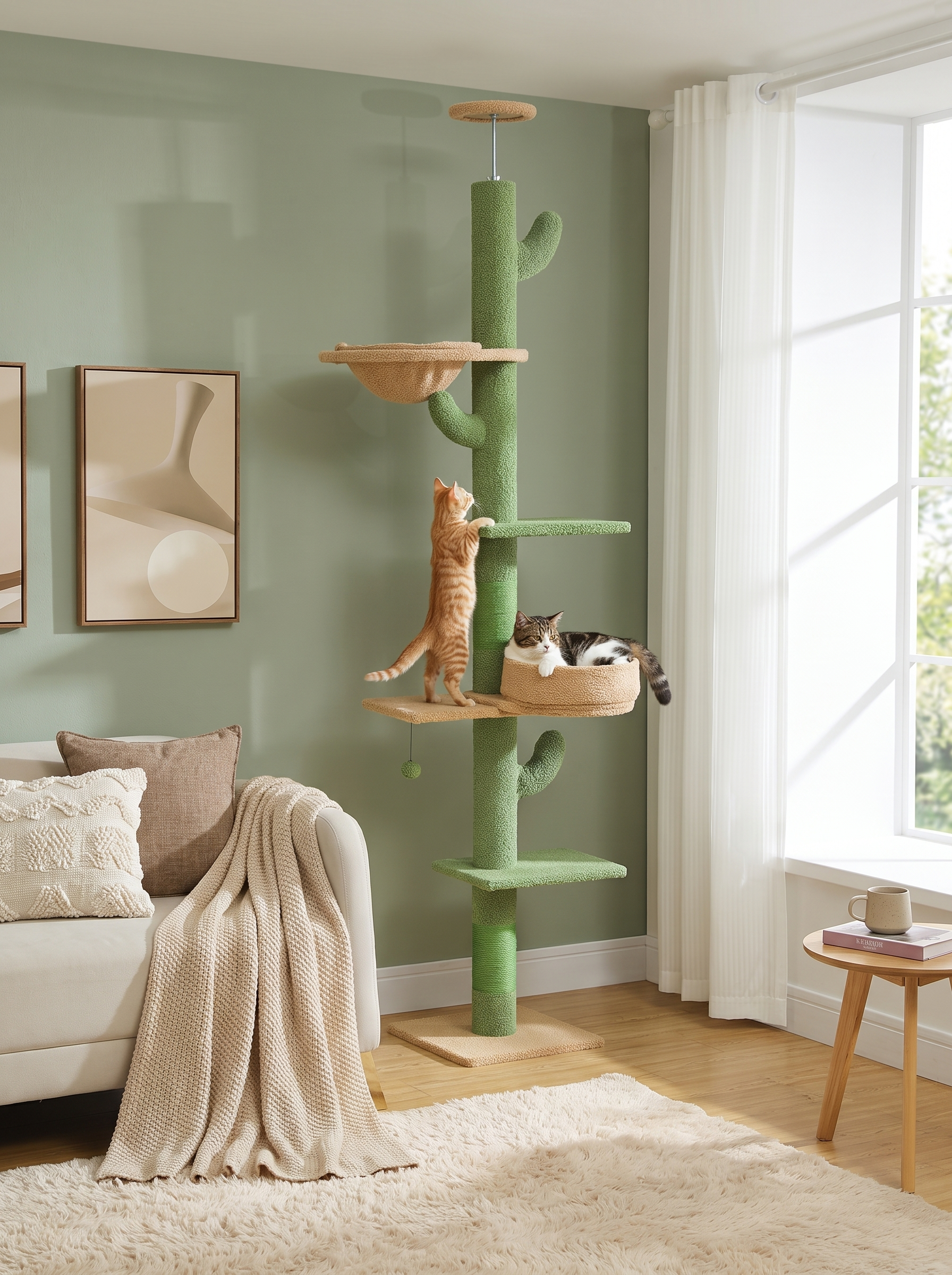 Arbre à chat Verdéa cactus ajustable dans un salon avec chats