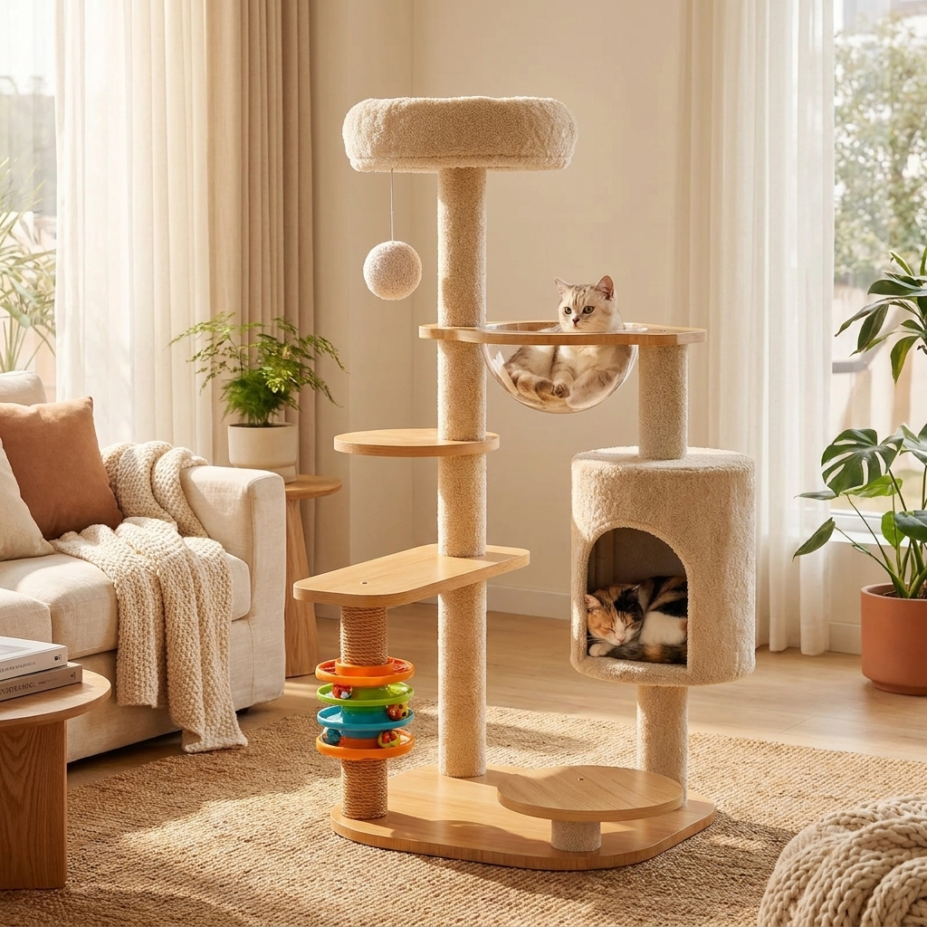 Arbre à chat Orbis dans un salon cosy avec chats