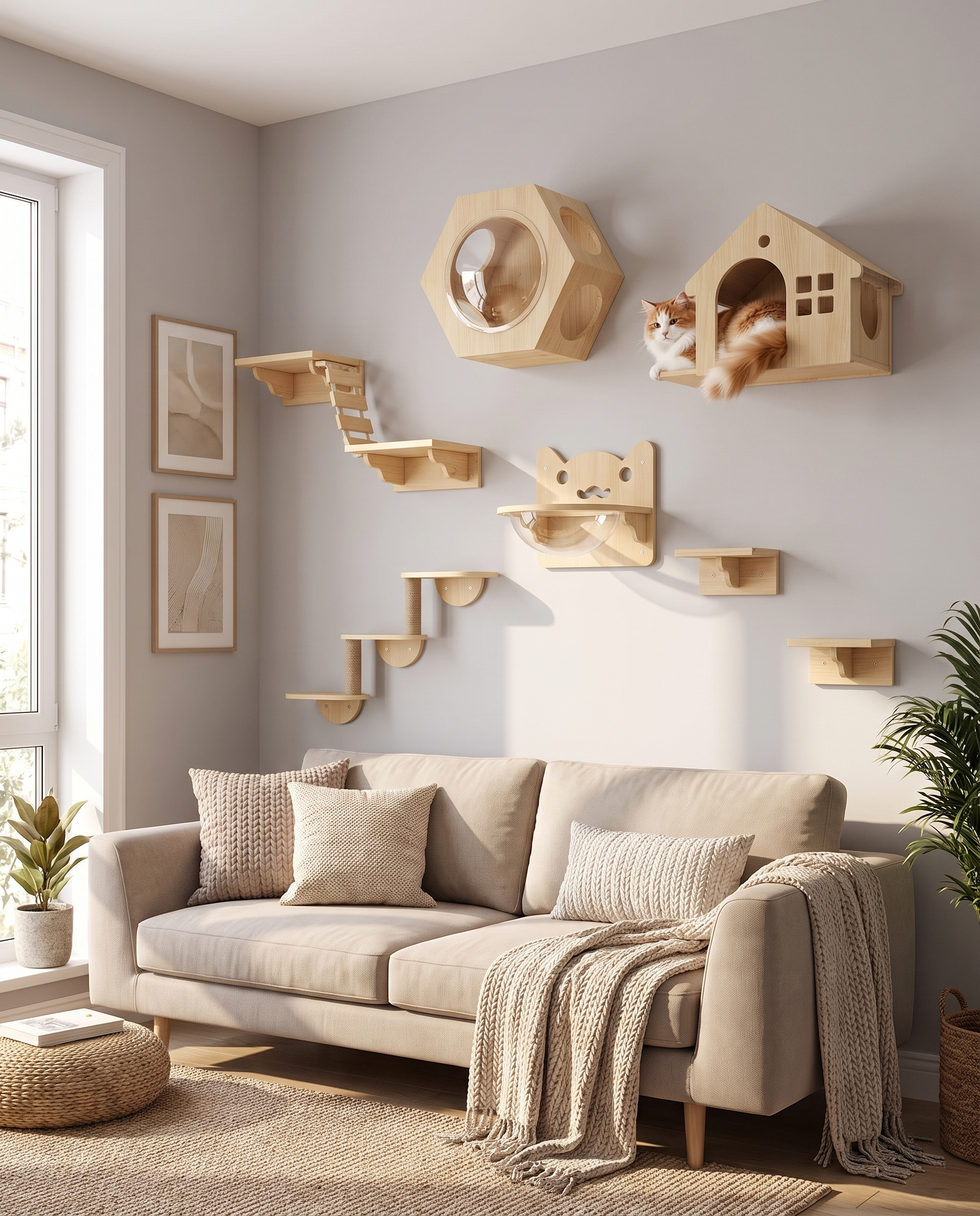 Arbre à Chat mural Chatelet installé dans un salon cosy avec un chat