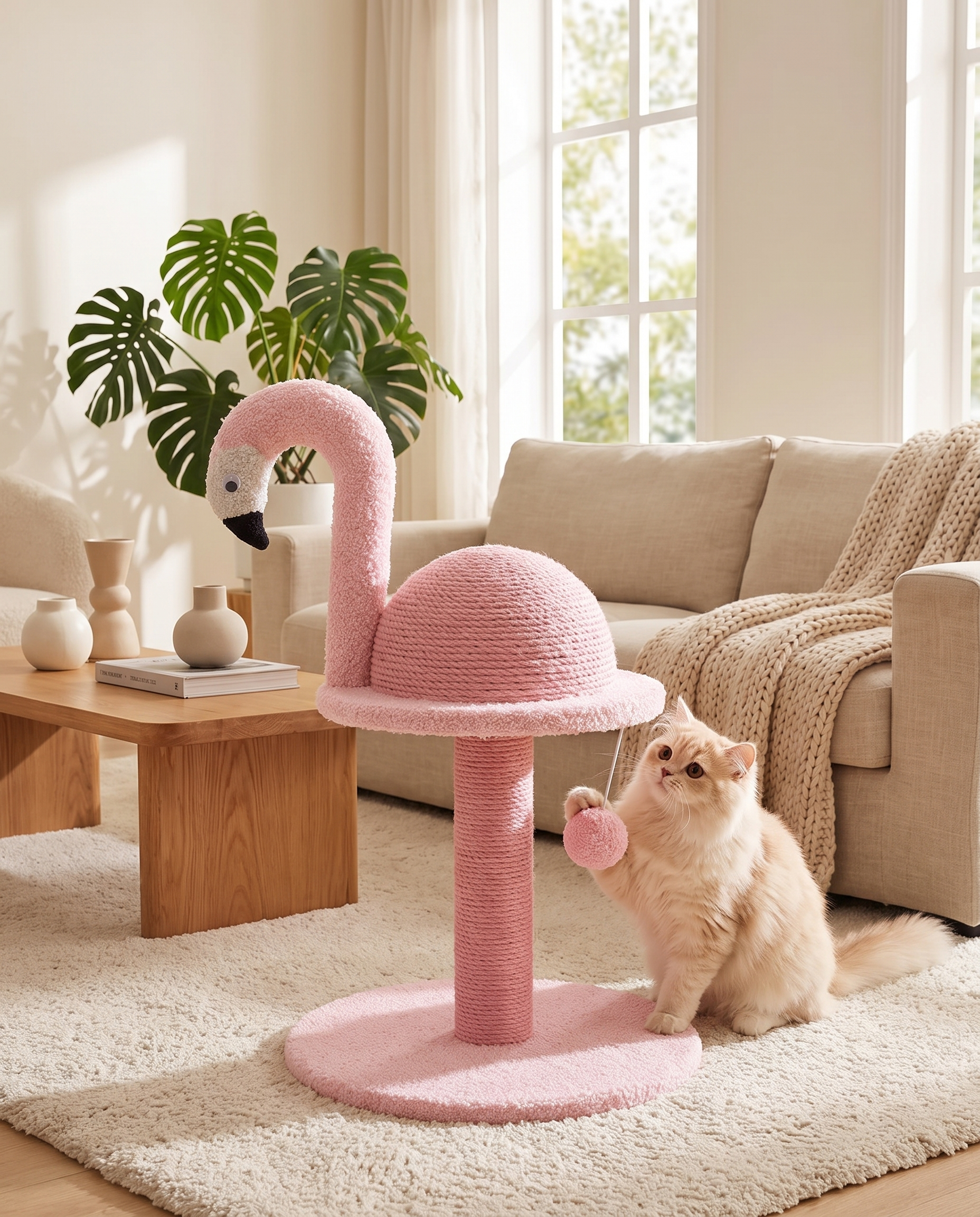 Arbre à Chat Flamine - mise en scène salon cosy avec chat