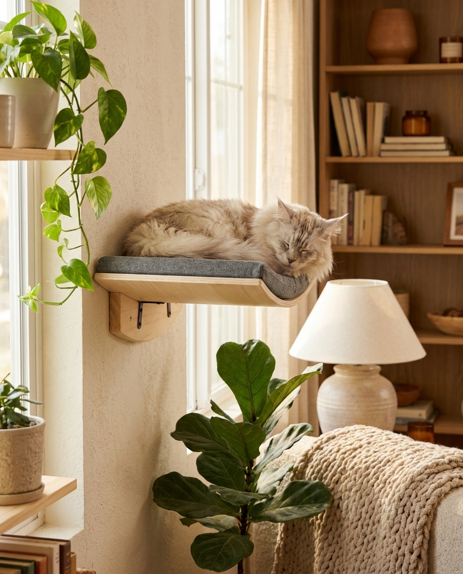 Arbre à chat mural Savane installé dans un salon cosy avec un chat