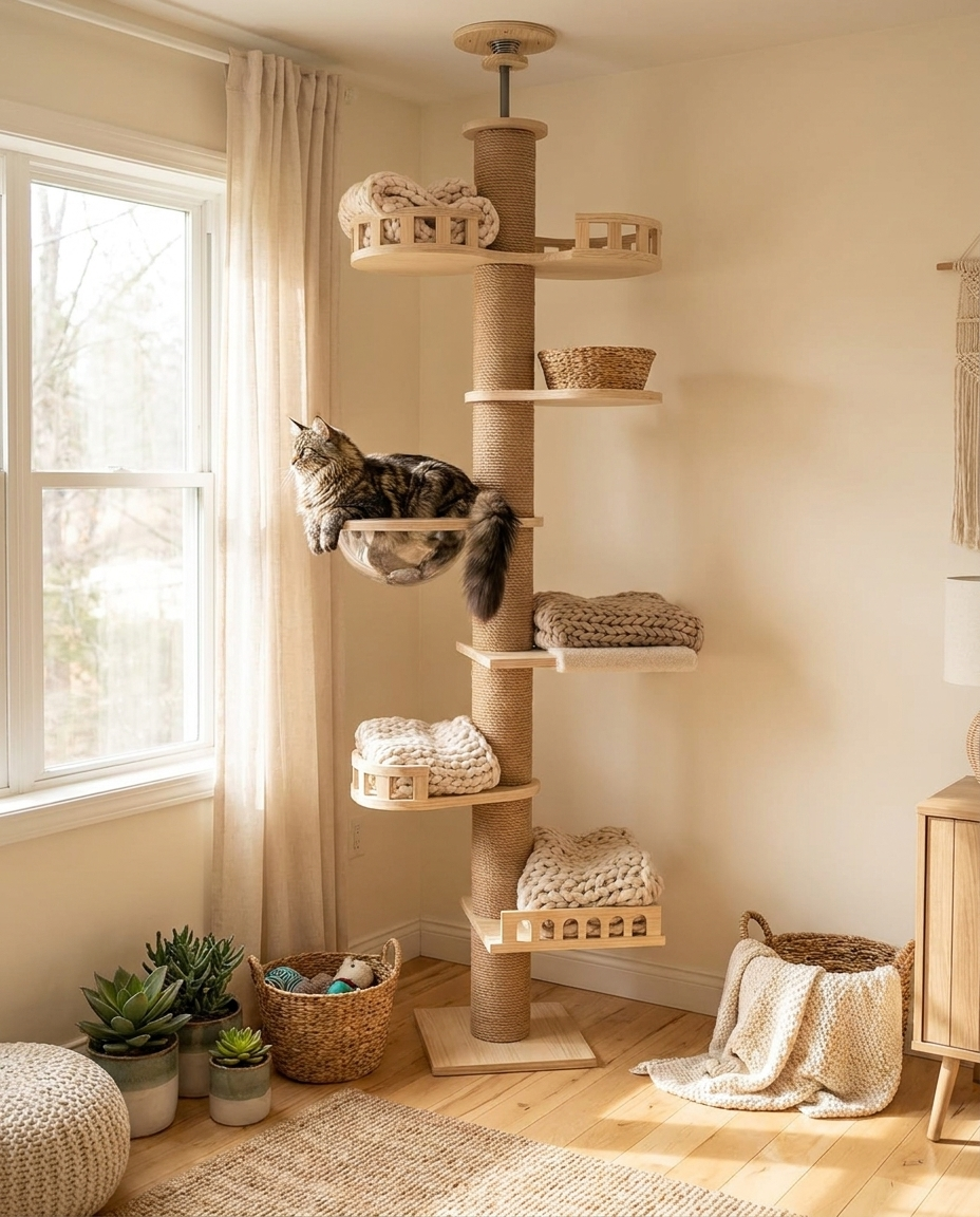 Arbre à chat Astréa installé du sol au plafond avec un chat Maine Coon