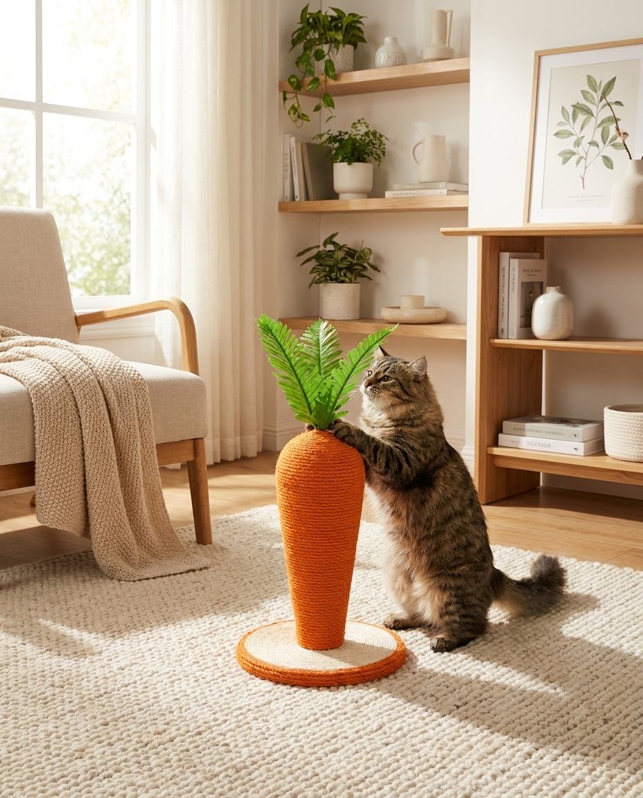 Arbre à chat Potager - mise en scène salon avec chat