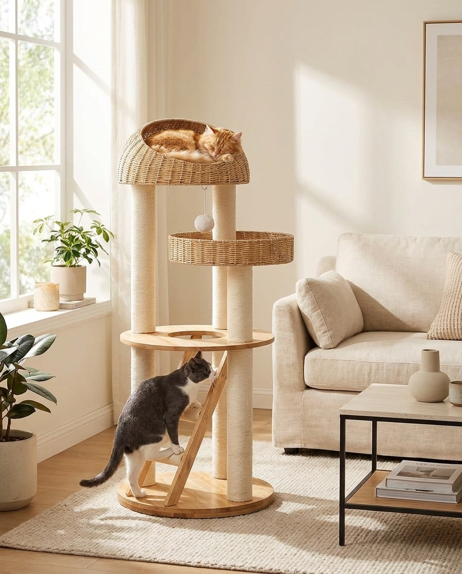 Arbre à Chat Nidia en situation dans un salon cosy avec chats