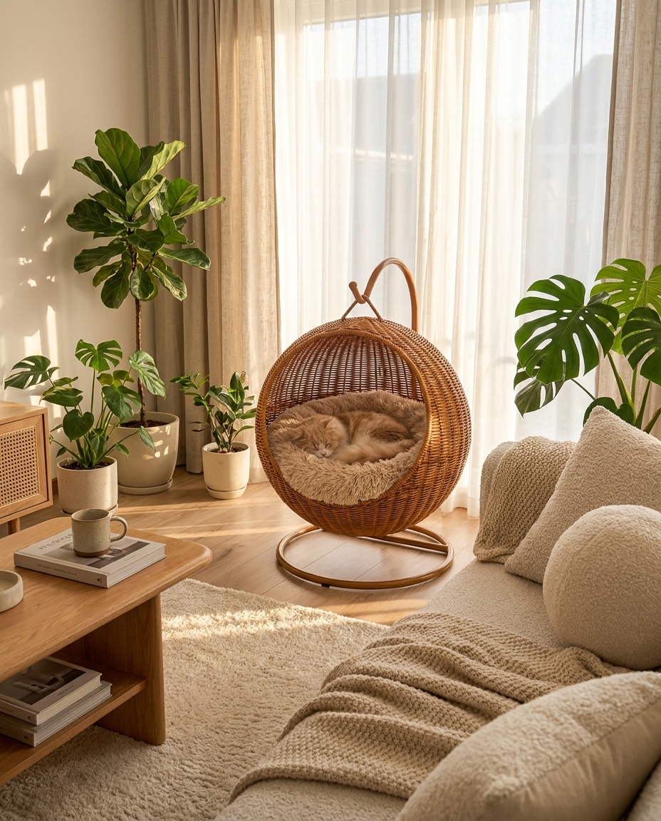 Arbre à Chat Alveole - mise en scène salon cosy avec chat