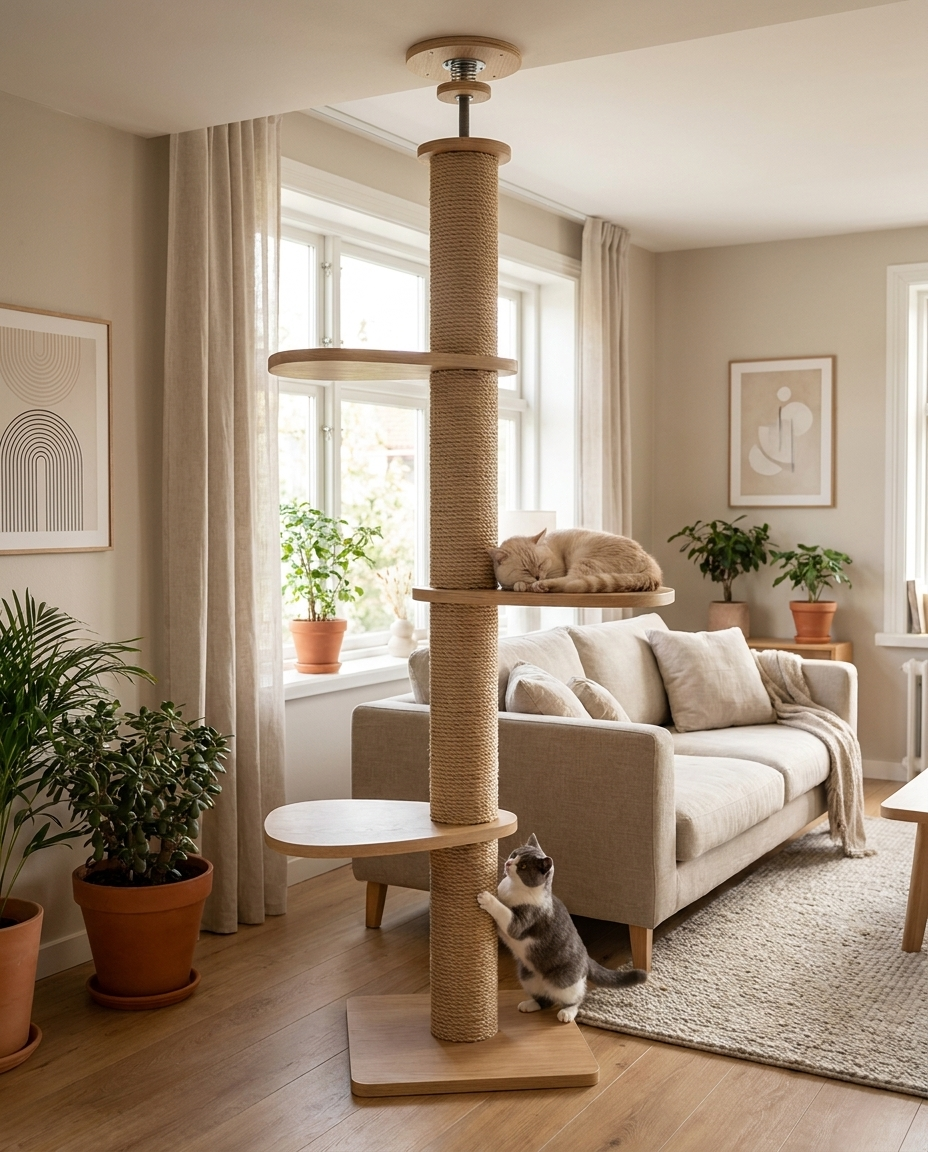 Arbre à chat Chênaie dans un salon cosy avec deux chats