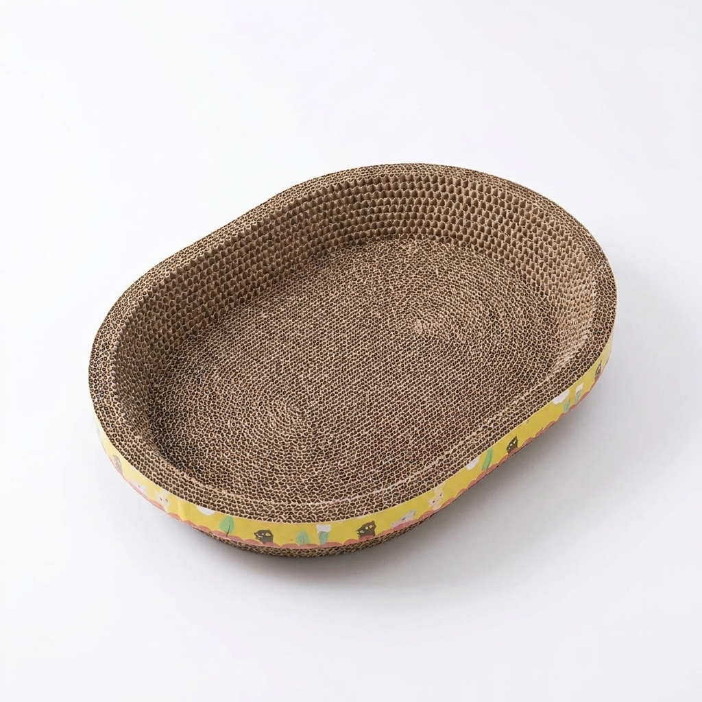 Griffoir pour chat Griffik - vue 3/4 gauche, carton ondulé liseré jaune
