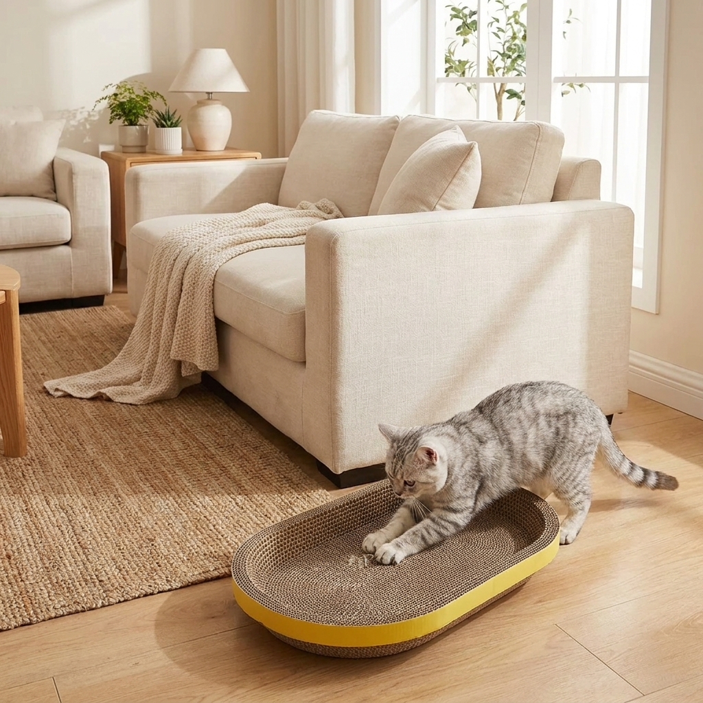 Chat griffant le griffoir Griffik dans un salon cosy