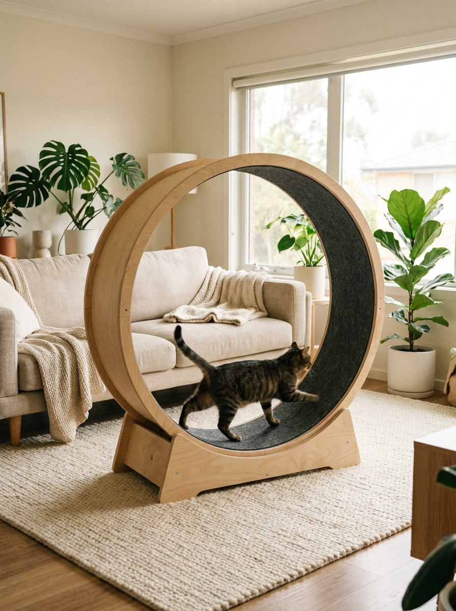 Arbre à Chat Rotor - chat courant dans la roue d'exercice, mise en scène salon cosy