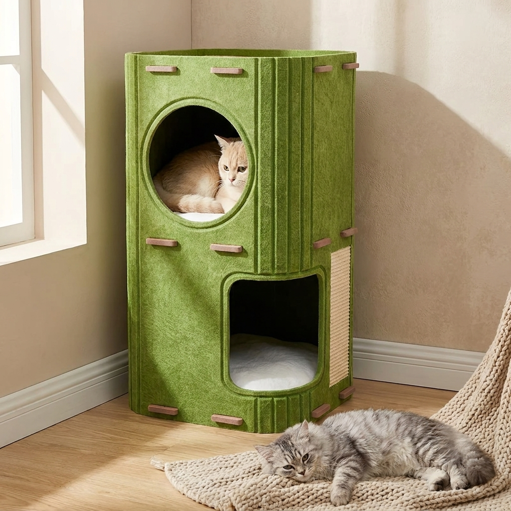 Arbre à Chat Fougère - mise en scène salon cosy avec chats