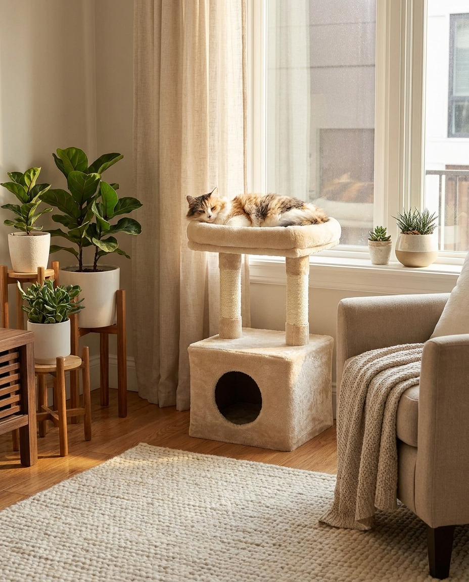 Arbre à chat Igloo - mise en scène salon cosy