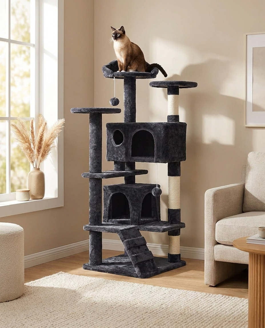 Arbre à Chat Obsidia noir dans un salon cosy avec un chat