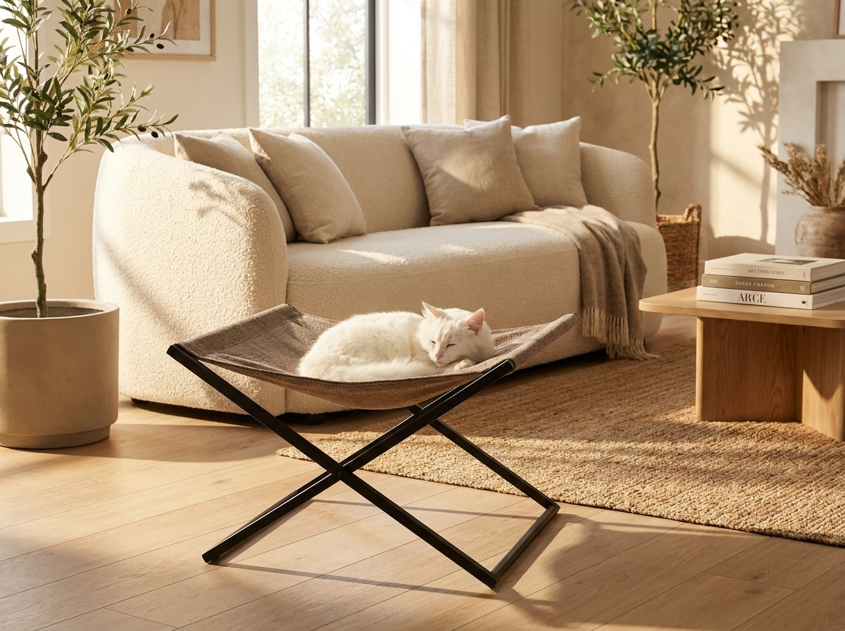 Arbre à Chat Solari - mise en scène salon cosy avec chat