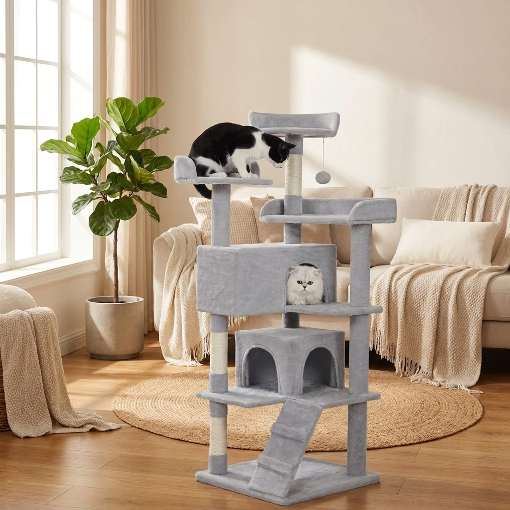 Arbre à Chat Brume - mise en scène salon cosy avec chats